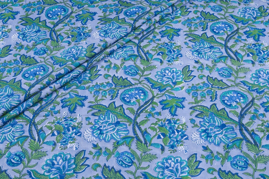 Powder Blue Jaal Pure Soft Cotton HandBlock Printed Fabric Authentic HandBlock Sanganeri Printed