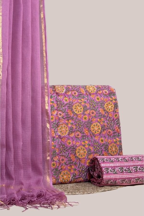 Pink - 3pc AirLoom™ Kota Dupatta with Blockprint Soft Cotton Top & Bottom Set Authentic HandBlock Printed