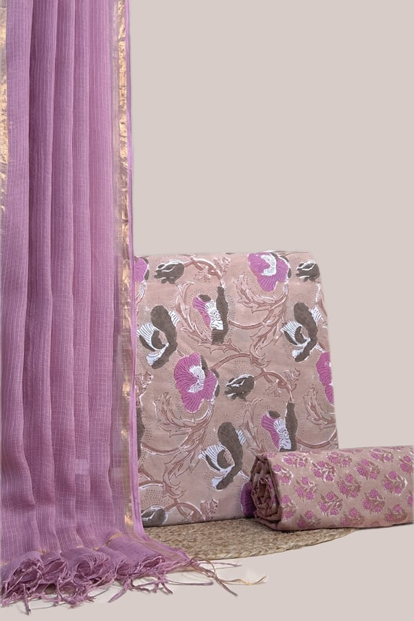 Brown - 3pc AirLoom™ Kota Dupatta with Blockprint Soft Cotton Top & Bottom Set Authentic HandBlock Printed