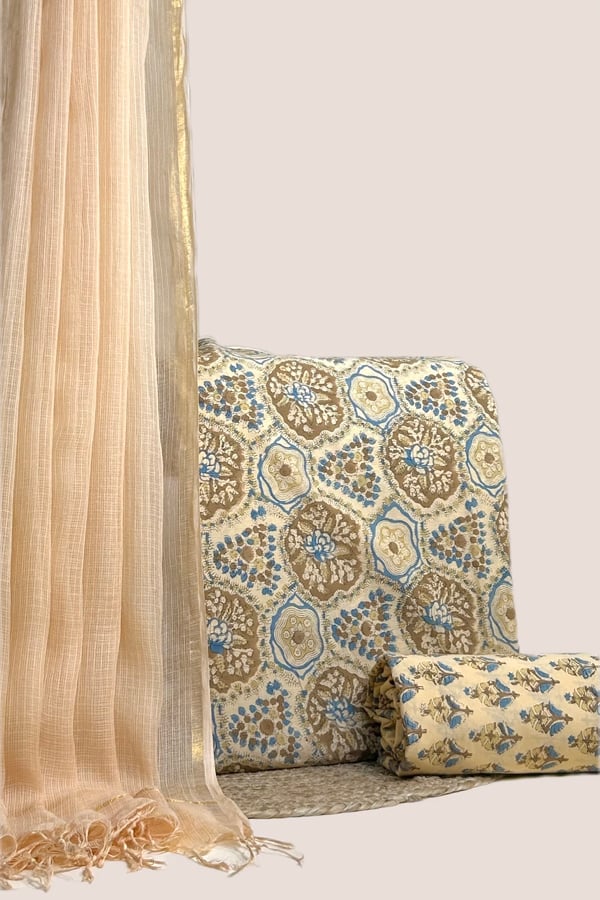 Beige - 3pc AirLoom™ Kota Dupatta with Blockprint Soft Cotton Top & Bottom Set Authentic HandBlock Printed