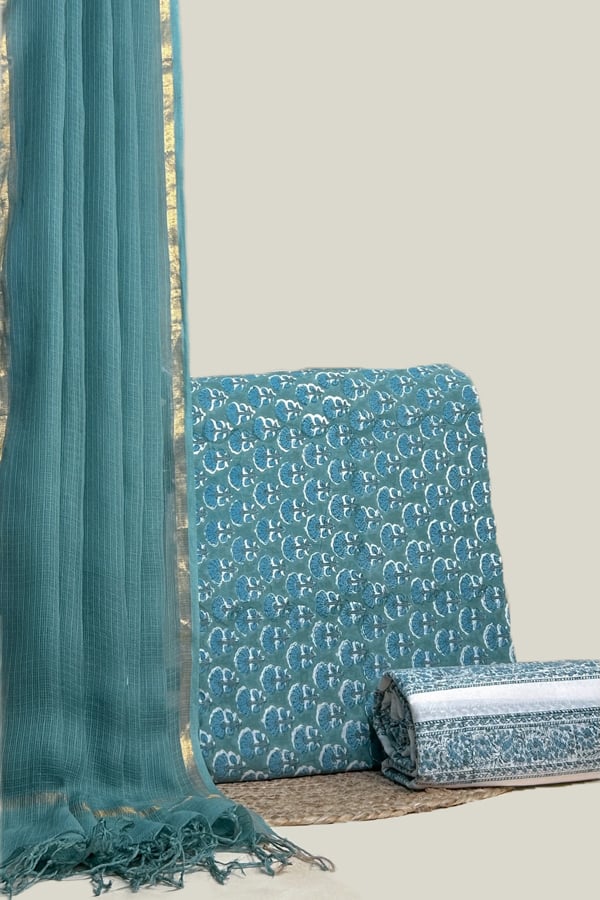 Blue - 3pc AirLoom™ Kota Dupatta with Blockprint Soft Cotton Top & Bottom Set Authentic HandBlock Printed
