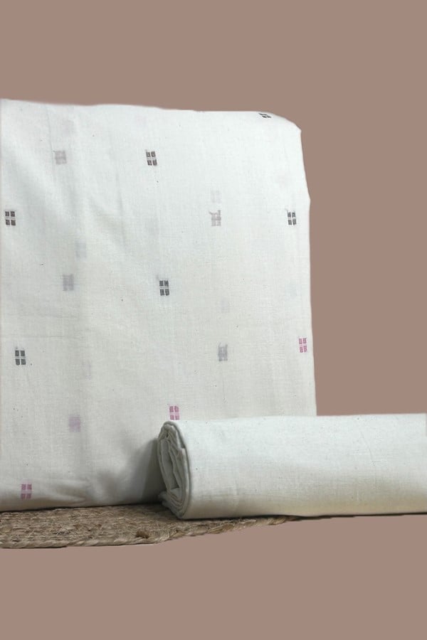 White - 2pc Handloom Woven Design Cotton Top and Handloom Soft Cotton Bottom Fabric Set Authentic HandLoom Woven