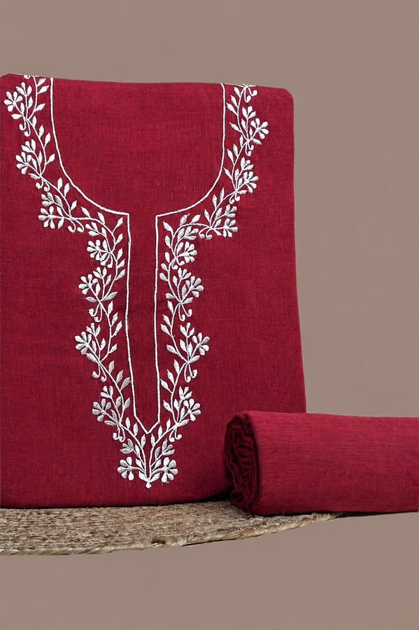 Red - 2Pc Handloom Embroidered Neck Design Soft Cotton Top(3m) Bottom(2.5m) Fabric Set Authentic HandLoom Woven