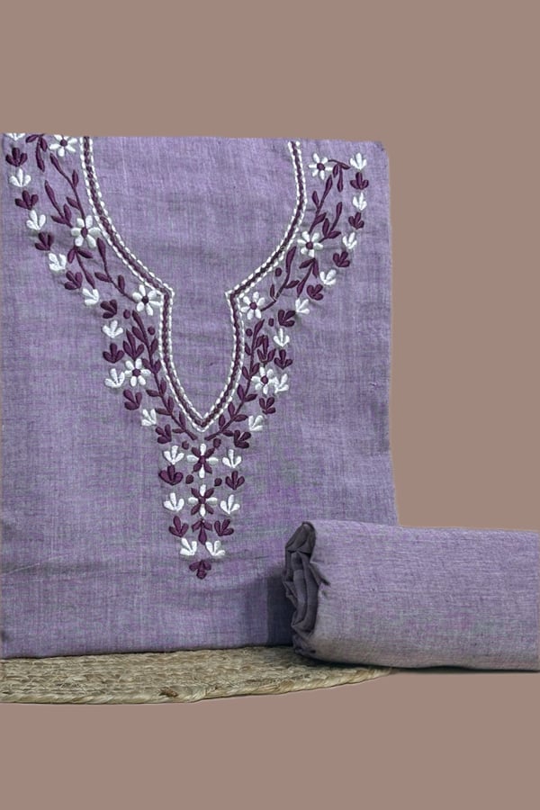 Purple - 2Pc Handloom Embroidered Neck Design Soft Cotton Top(3m) Bottom(2.5m) Fabric Set Authentic HandLoom Woven