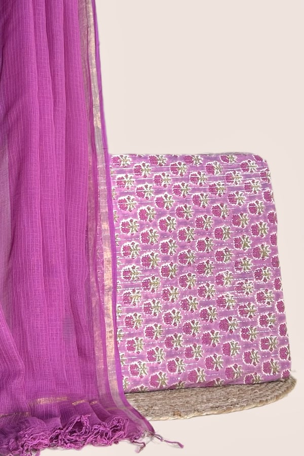 Pink - 2pc Avagata Airloom™ Kota Dupatta and Pure Soft Cotton Blockprint Top Fabric Set Authentic HandBlock Sanganeri Printed