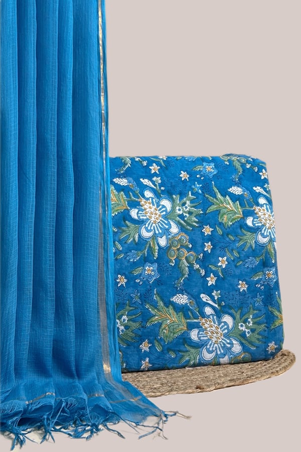 Blue - 2pc Avagata Airloom™ Kota Dupatta and Pure Soft Cotton Blockprint Top Fabric Set Authentic HandBlock Sanganeri Printed