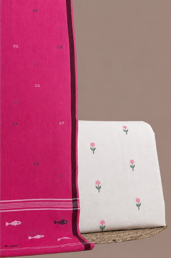 White - 2pc Handloom Cotton Dupatta and Handloom Woven Design Top Fabric Set Authentic HandLoom Woven