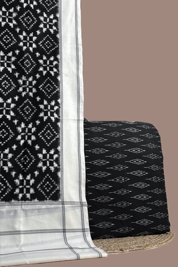 Black - 2pc Ikkat Cotton Dupatta and Handloom Soft Ikkat Cotton Top Fabric Set Authentic Hand Tie-Dye Mercerised Ikkat
