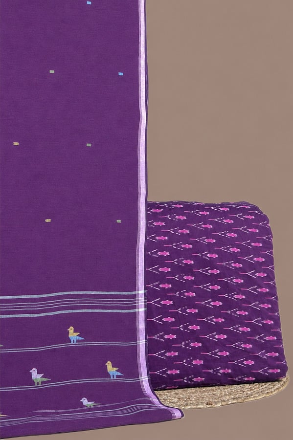 Purple - 2pc Handloom Cotton Dupatta and Handloom Ikkat Top Fabric Set Authentic HandLoom Woven
