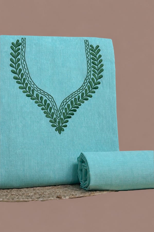 Blue - 2Pc Handloom Embroidered Neck Design Soft Cotton Top(3m) Bottom(2.5m) Fabric Set Authentic HandLoom Woven