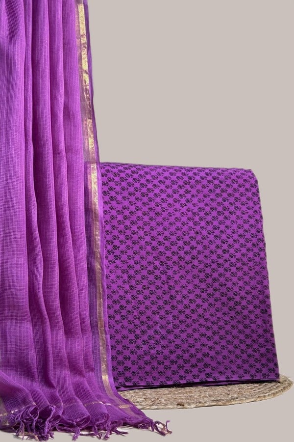 Purple - 2pc Avagata Airloom™ Kota Dupatta and Bagh Blockprint Top Cotton Fabric Set Authentic Eco Friendly Dye