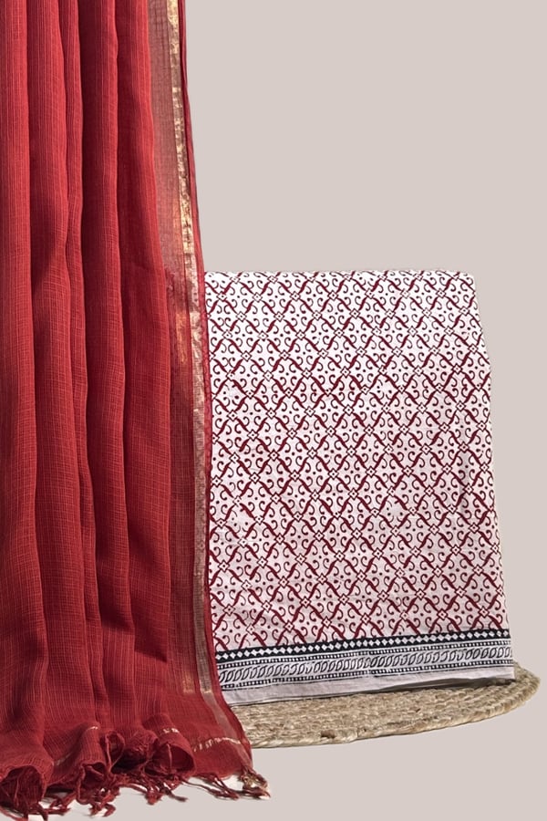 White - 2pc Avagata Airloom™ Kota Dupatta and Bagh Blockprint Top Cotton Fabric Set Authentic Eco Friendly Dye