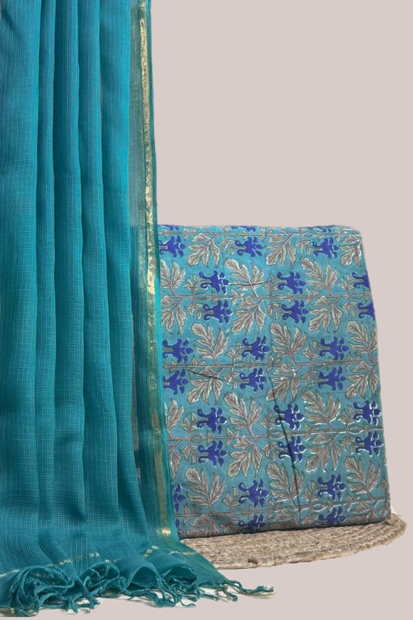 Blue - 2pc Avagata Airloom™ Kota Dupatta and Pure Soft Cotton Blockprint Top Fabric Set Authentic HandBlock Sanganeri Printed