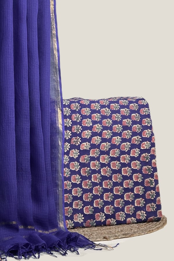 Blue - 2pc Avagata Airloom™ Kota Dupatta and Pure Soft Cotton Blockprint Top Fabric Set Authentic HandBlock Sanganeri Printed