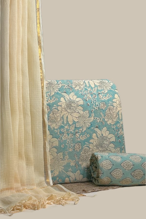 Blue - 3pc AirLoom™ Kota Dupatta with Blockprint Soft Cotton Top & Bottom Set Authentic HandBlock Printed