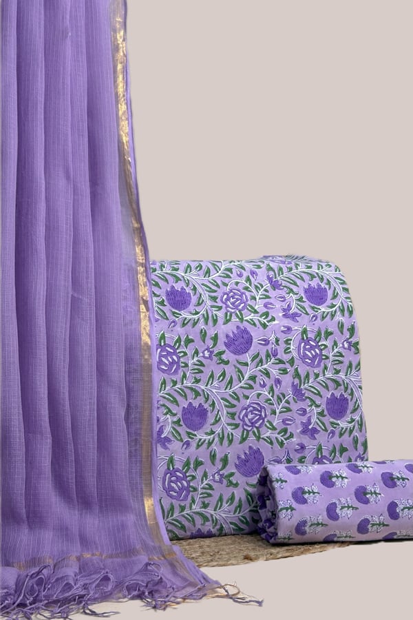 Purple - 3pc AirLoom™ Kota Dupatta with Blockprint Soft Cotton Top & Bottom Set Authentic HandBlock Printed