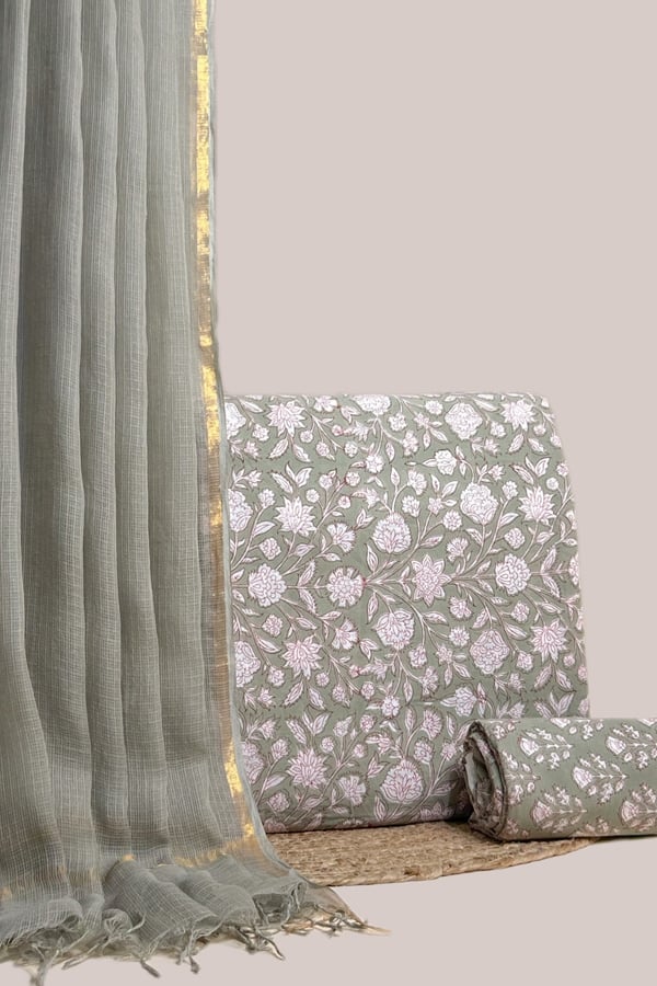 Green - 3pc AirLoom™ Kota Dupatta with Blockprint Soft Cotton Top & Bottom Set Authentic HandBlock Printed