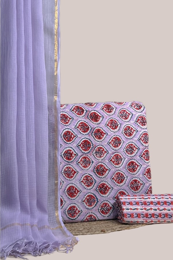 Purple - 3pc AirLoom™ Kota Dupatta with Blockprint Soft Cotton Top & Bottom Set Authentic HandBlock Printed