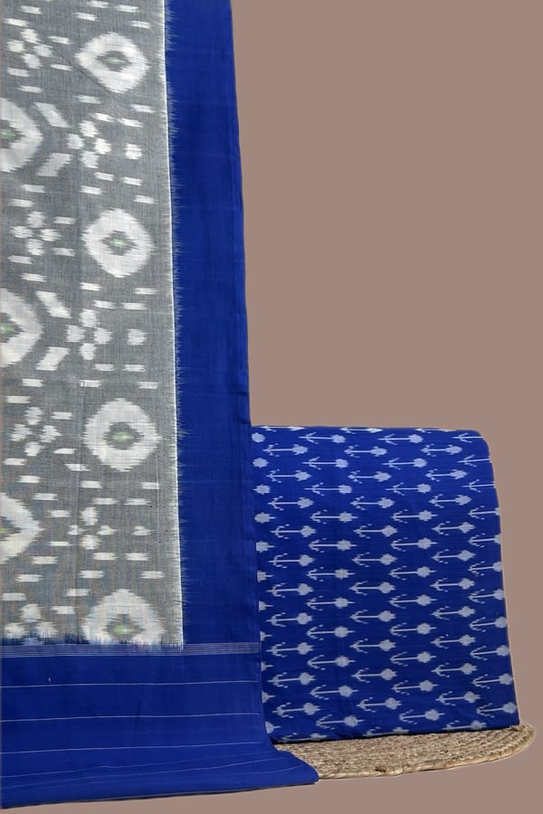 Blue - 2pc Ikkat Cotton Dupatta and Handloom Soft Ikkat Cotton Top Fabric Set Authentic Hand Tie-Dye Mercerised Ikkat