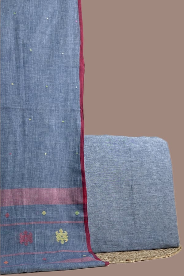 Gray - 2pc Handloom Cotton Dupatta and Handloom Soft Cotton Top Fabric Set Authentic HandLoom Woven