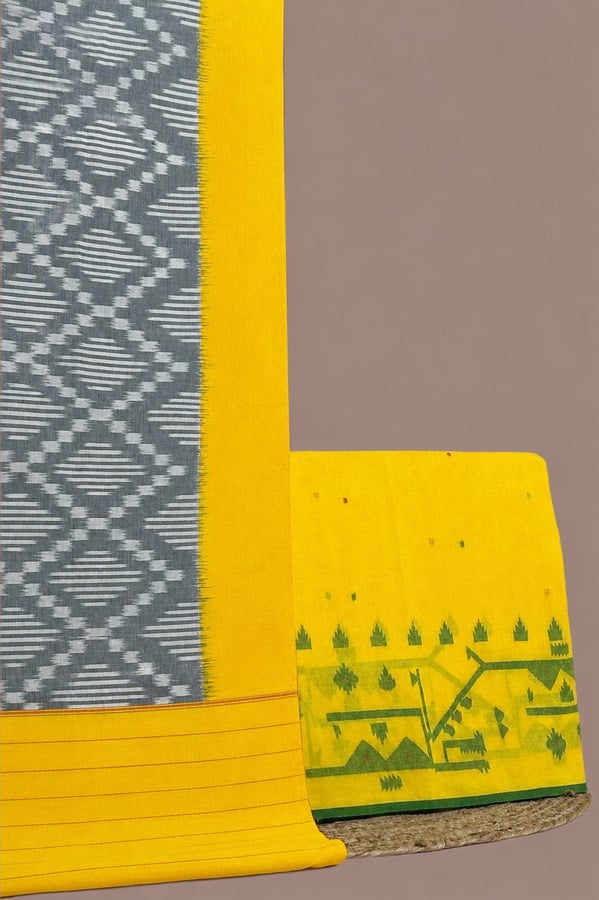 Yellow - 2pc Ikkat Cotton Dupatta and Jamdani Border Cotton Top Fabric Set Authentic Hand Tie-Dye Mercerised Ikkat Dupatta With Handloom Fabric