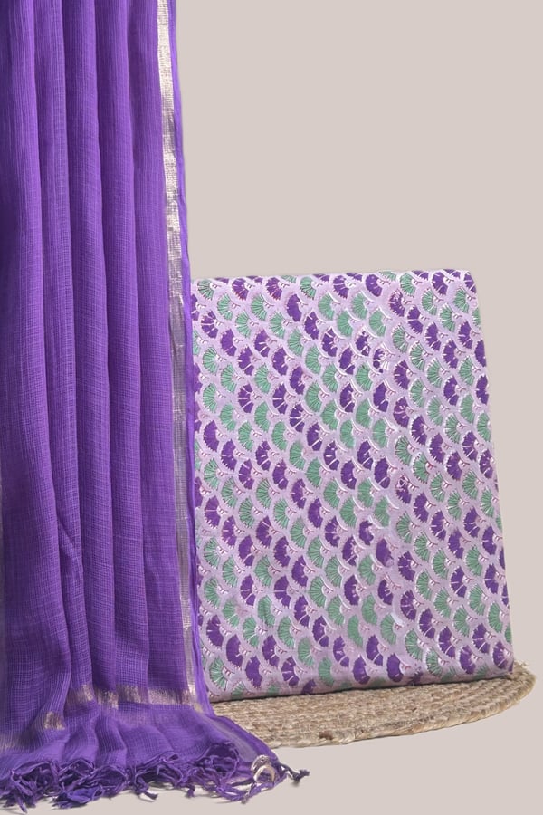 Purple - 2pc Avagata Airloom™ Kota Dupatta and Pure Soft Cotton Blockprint Top Fabric Set Authentic HandBlock Sanganeri Printed