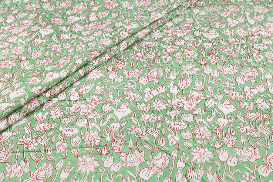 Mint Blossom Garden Floral Handblock Printed 100% Pure Soft Cotton Fabric Authentic HandBlock Sanganeri Printed