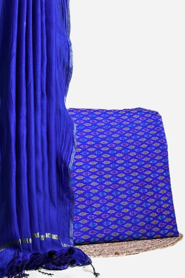 Purple - 2pc Luxe CottonSilk Dupatta and CottonSilk Handloom Ikkat Top Fabric Set Authentic HandWoven Tie Dye Ikkat