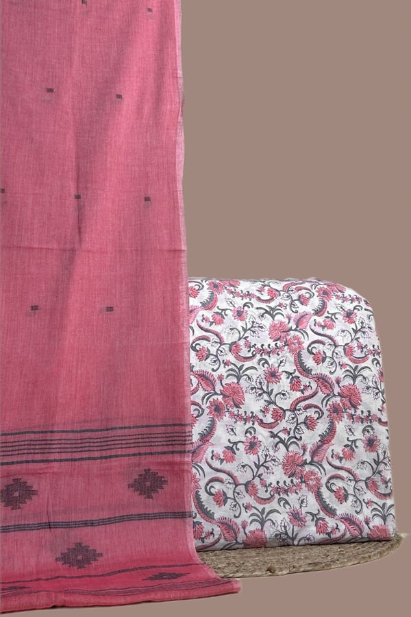 White - 2pc Handloom Cotton Dupatta and Blockprinted Soft Cotton Top Set Authentic HandBlock Printed
