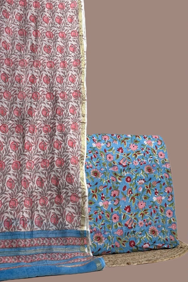 Blue - 2Pc Chanderi Silk Dupatta and Pure Soft Cotton Top Fabric Set Authentic HandBlock Sanganeri Printed