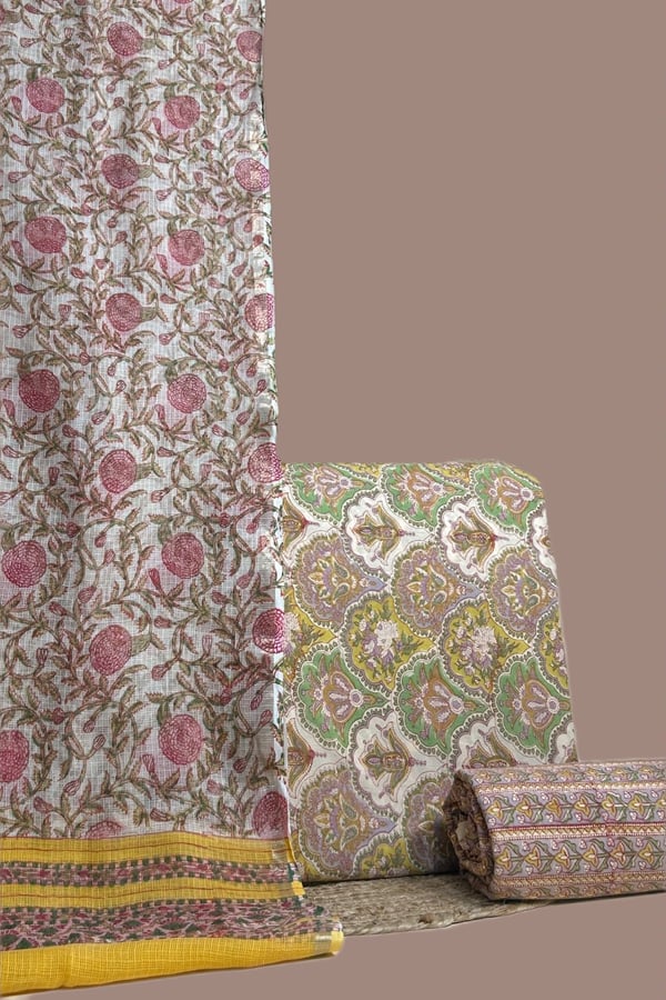 White - 3pc AirLoom™ Kota Dupatta with Blockprint Soft Cotton Top & Bottom Set Authentic HandBlock Printed