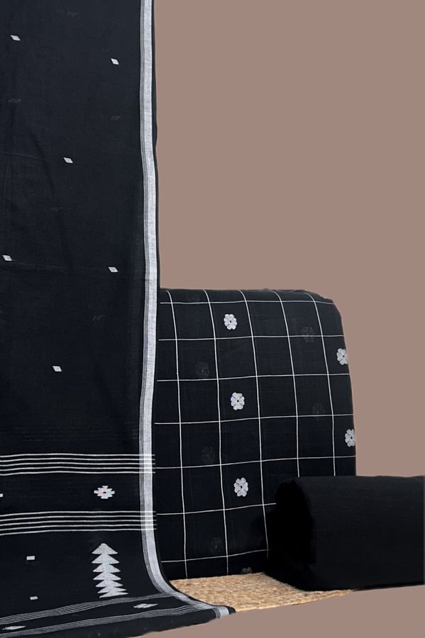 Black - 3Pc Handloom Cotton Dupatta with Woven Motif Top & Handloom Soft Cotton Bottom Fabric Set Authentic HandLoom Woven