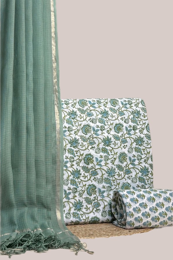 White - 3pc Airloom Kota Dupatta with Blockprint Soft Cotton Top & Bottom Set Authentic HandBlock Printed
