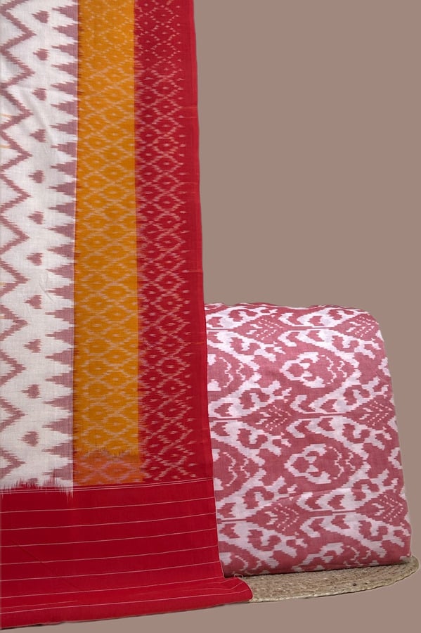 Pink - 2pc Ikkat Cotton Dupatta and Handloom Soft Ikkat Cotton Top Fabric Set Authentic Hand Tie-Dye Mercerised Ikkat