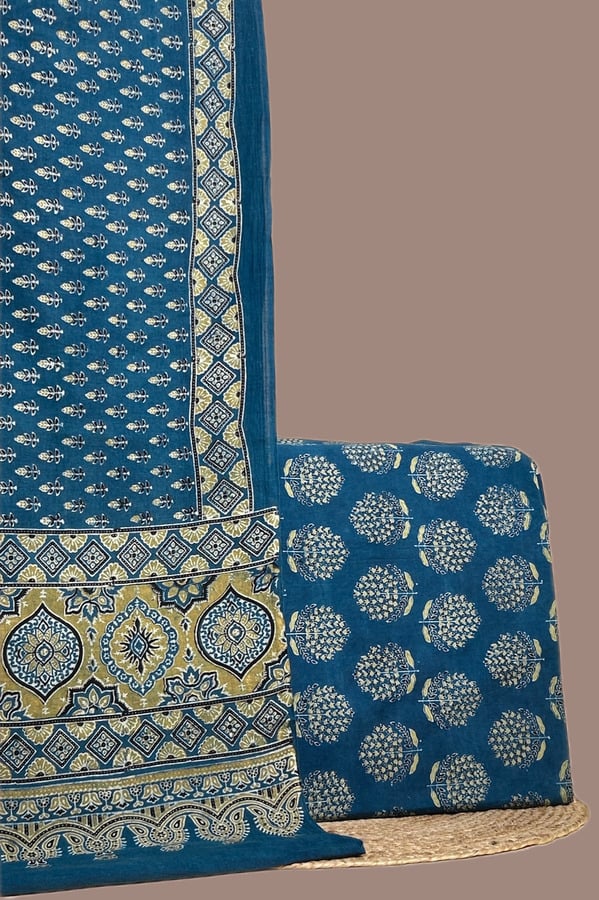Blue - 2pc Ajrakh RangLoom Dupatta and Top Cotton Fabric Set Authentic Natural Dye