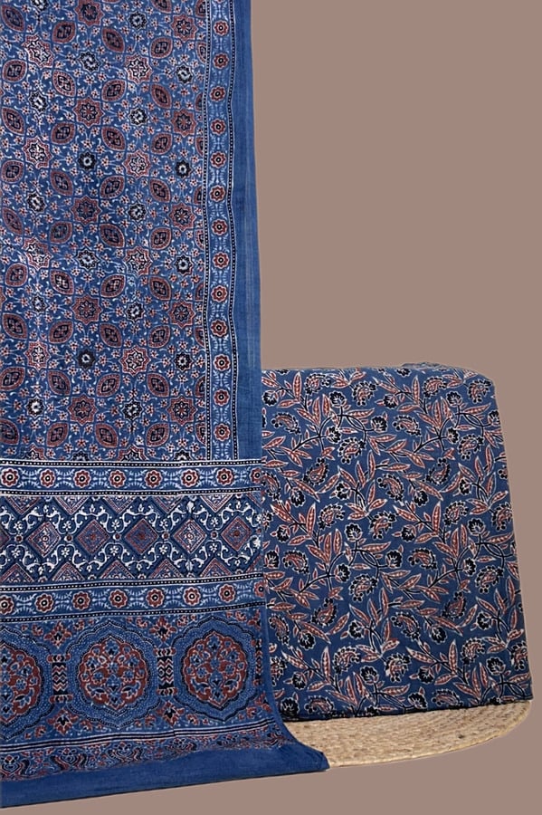 Blue - 2pc Ajrakh RangLoom Dupatta and Top Cotton Fabric Set Authentic Natural Dye