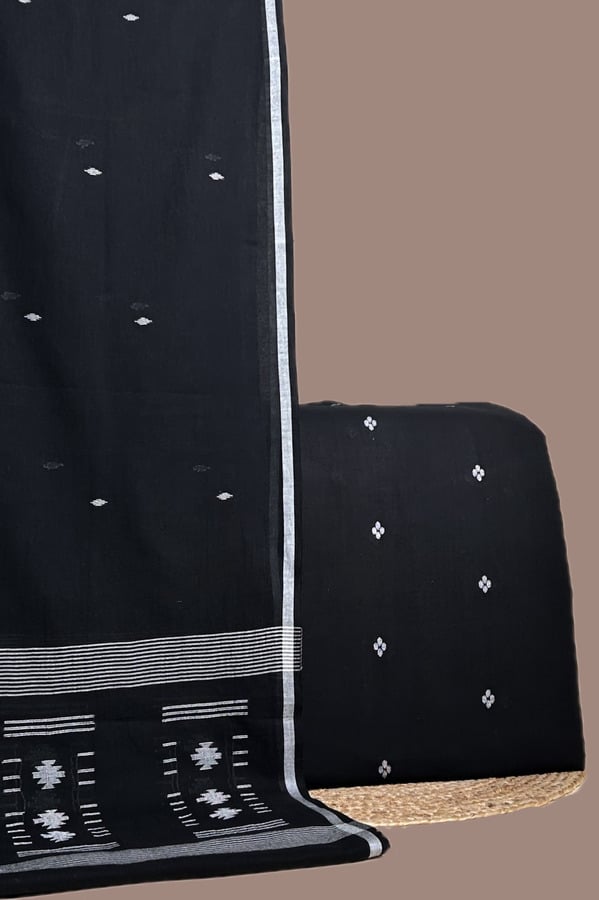 Black - 2pc Handloom Cotton Dupatta and Handloom Woven Design Top Fabric Set Authentic HandLoom Woven