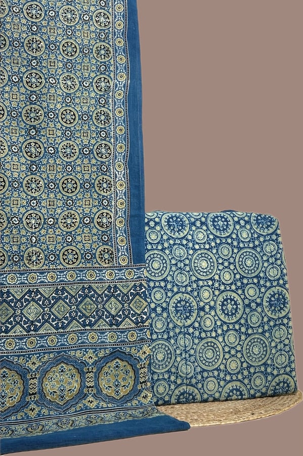 Blue - 2pc Ajrakh RangLoom Dupatta and Top Cotton Fabric Set Authentic Natural Dye