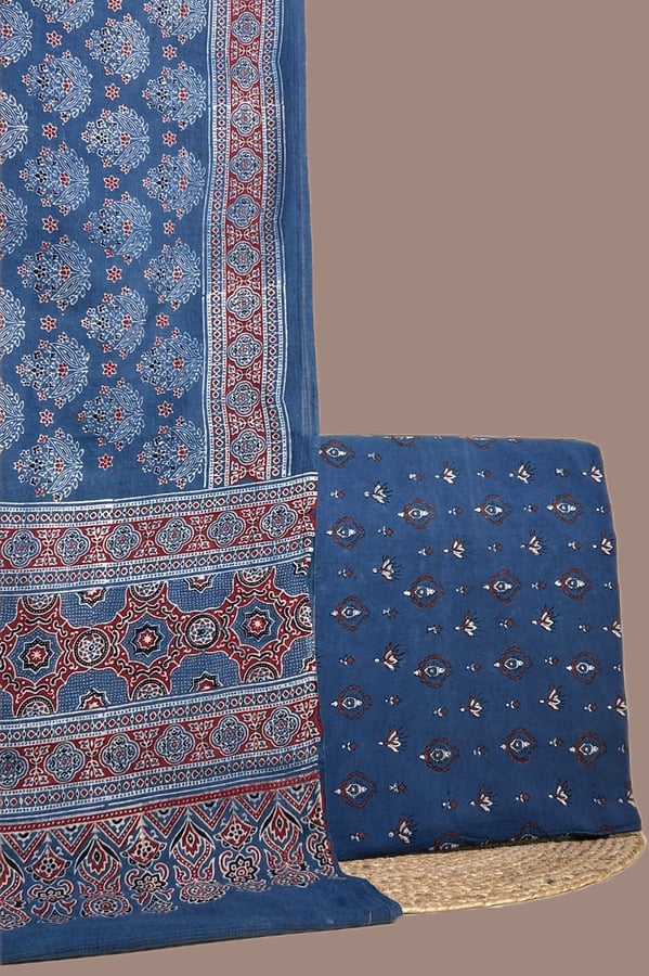Blue - 2pc Ajrakh RangLoom Dupatta and Top Cotton Fabric Set Authentic Natural Dye