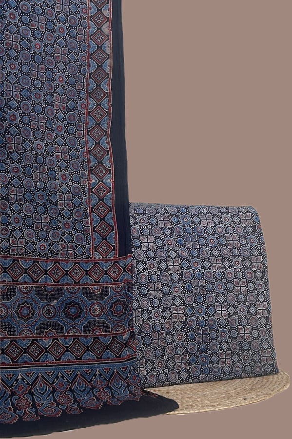 Black - 2pc Ajrakh RangLoom Dupatta and Top Cotton Fabric Set Authentic Natural Dye