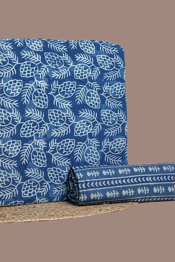 Blue - 2pc Bagru HandCrafted Top and Bottom Cotton Fabric Set Authentic Natural Dye