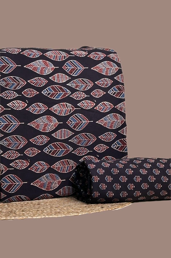 Black - 2pc Ajrakh HandCrafted Cotton Top and Bottom Cotton Fabric Set Authentic Natural Dye