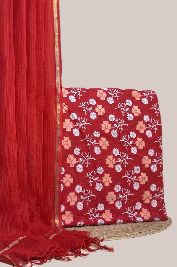 Red - 2pc Avagata Airloom™ Kota Dupatta and Pure Soft Cotton Blockprint Top Fabric Set Authentic HandBlock Sanganeri Printed