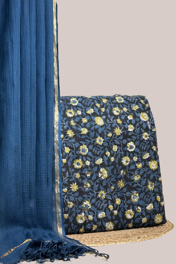Black - 2pc Avagata Airloom™ Kota Dupatta and Bagru HandBlock Pure Cotton Set Authentic Bagru HandBlock