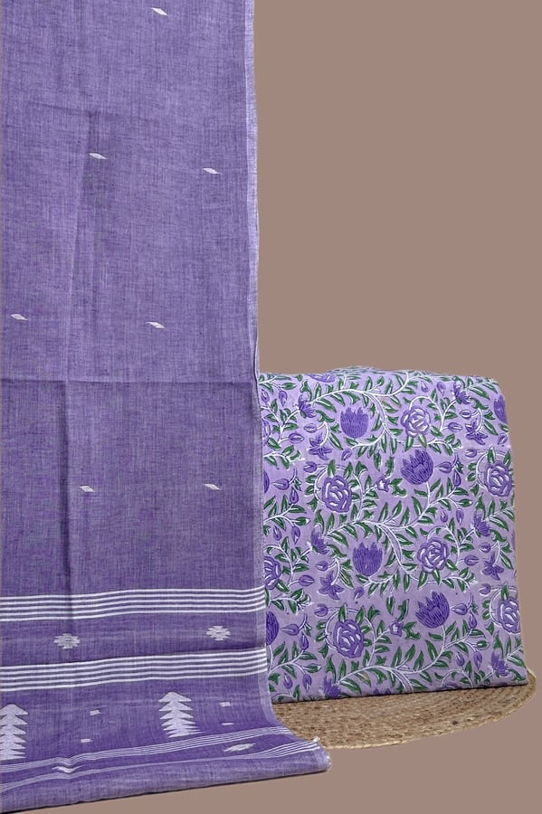 Purple - 2pc Handloom Cotton Dupatta and Blockprinted Soft Cotton Top Set Authentic HandBlock Printed