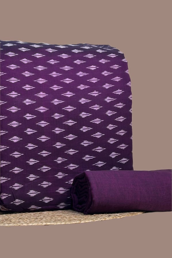 Purple - 2pc HandCrafted Ikkat Top and Handloom Soft Cotton Bottom Fabric Set Authentic Mercerised Ikkat with Handloom woven 100% Pure Cotton Ikat Fabric