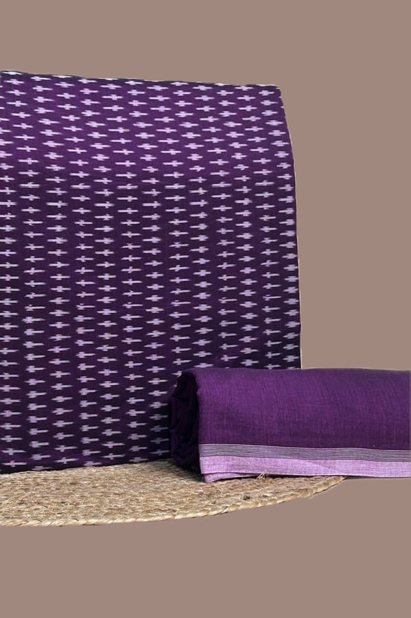 Purple - 2pc HandCrafted Ikkat Top and Handloom Soft Cotton Bottom Fabric Set Authentic Mercerised Ikkat with Handloom woven 100% Pure Cotton Ikat Fabric