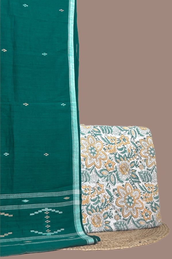 White - 2pc Handloom Cotton Dupatta and Blockprinted Soft Cotton Top Set Authentic HandBlock Printed