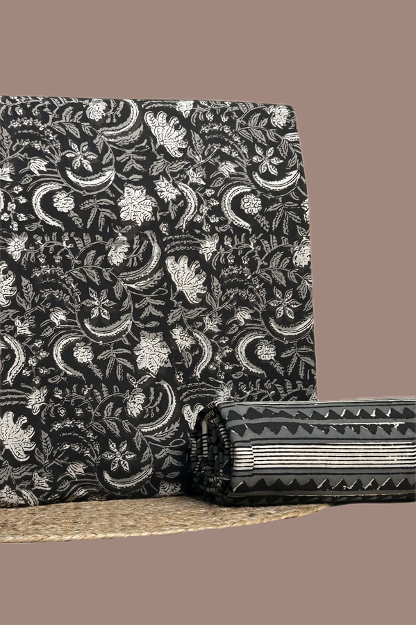 Black - 2pc Bagru HandCrafted Top and Bottom Cotton Fabric Set Authentic Natural Dye