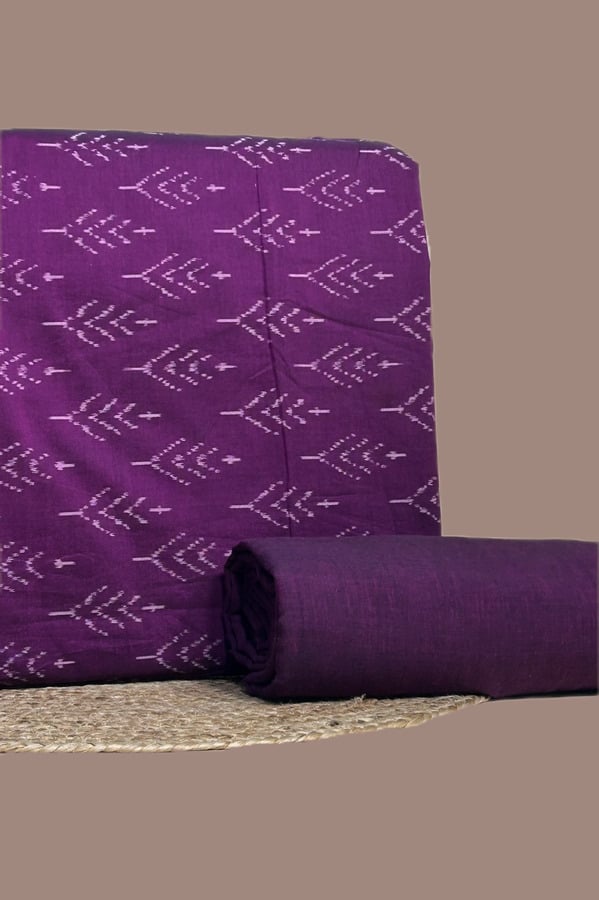 Purple - 2pc HandCrafted Ikkat Top and Handloom Soft Cotton Bottom Fabric Set Authentic Mercerised Ikkat with Handloom woven 100% Pure Cotton Ikat Fabric